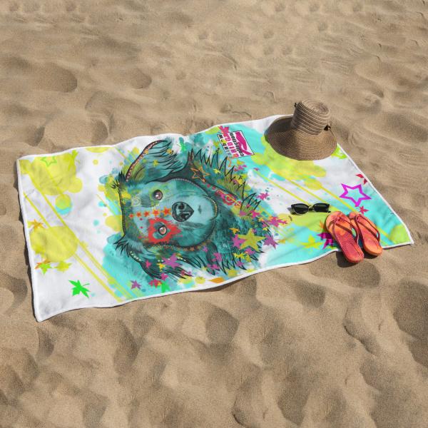 Badehandtuch Krümel – Popart-Hundemotiv, 75x165 cm, 100 % Polyester, weich & schnelltrocknend